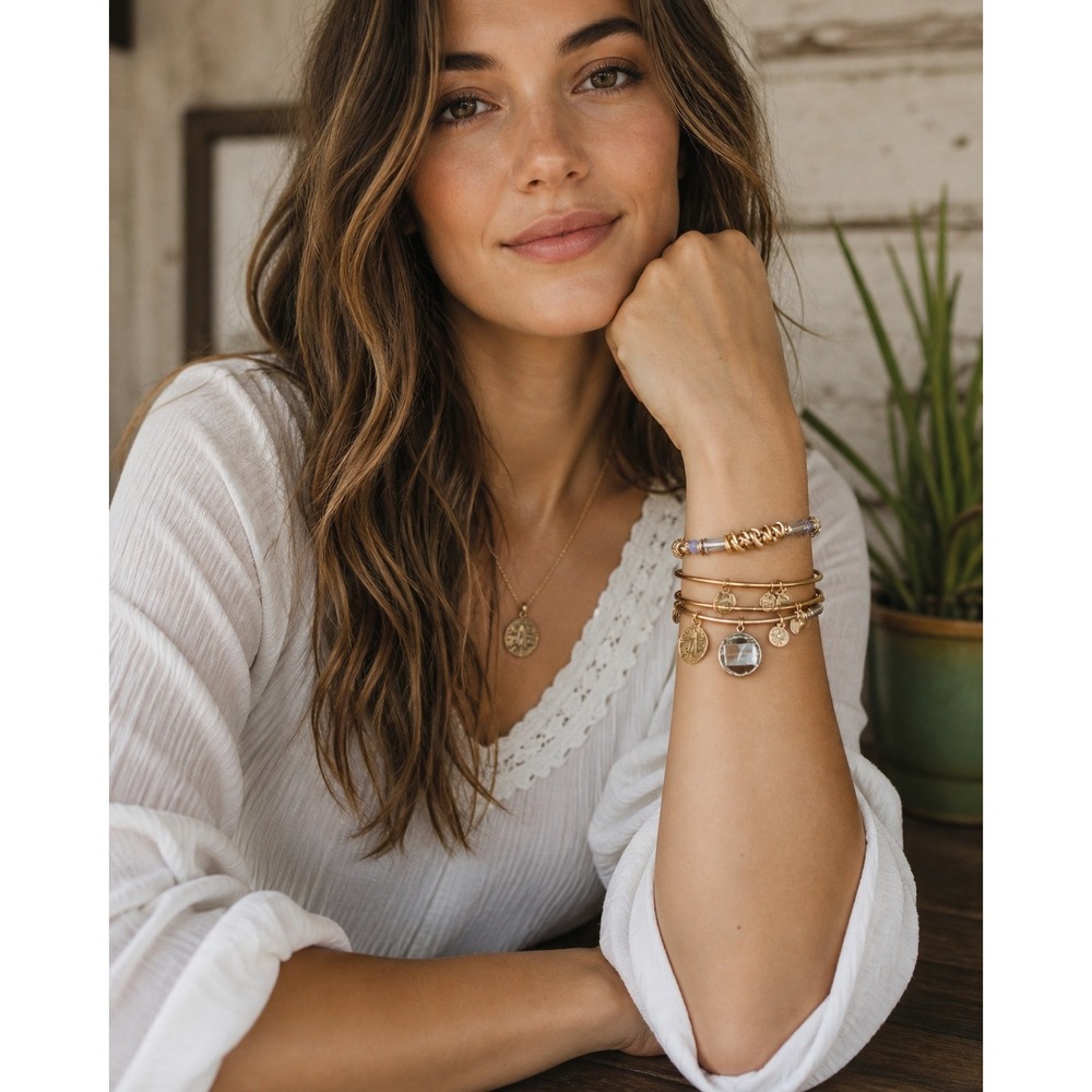 Alex and Ani Gold Tone Expandable Bangle Bracelet Set 3 Piece Crystal Charm Boho